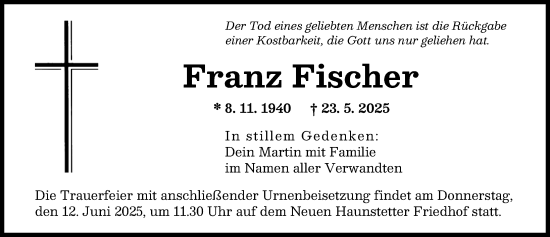 Traueranzeige von Franz Fischer von Augsburger Allgemeine