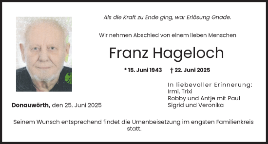 Traueranzeige von Franz Hageloch von Donauwörther Zeitung