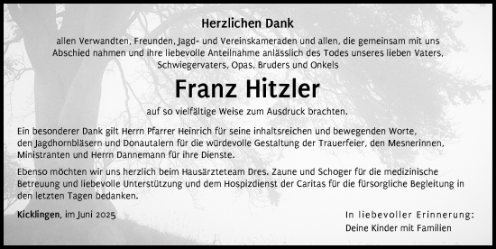 Traueranzeige von Franz Hitzler von Donau Zeitung