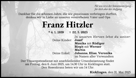 Traueranzeige von Franz Hitzler von Donau Zeitung