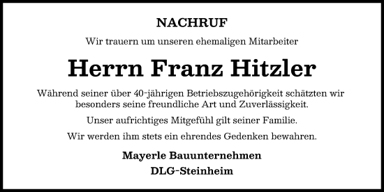 Traueranzeige von Franz Hitzler von Donau Zeitung