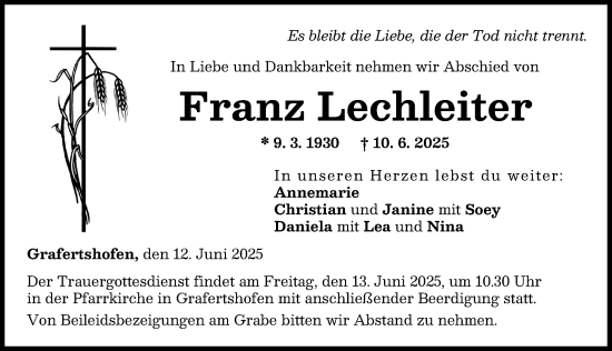 Traueranzeige von Franz Lechleiter von Neu-Ulmer Zeitung