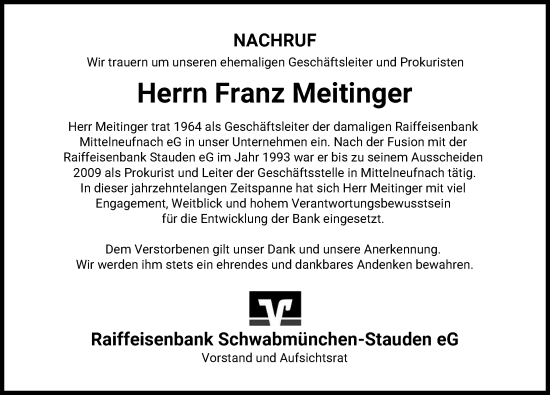 Traueranzeige von Franz Meitinger von Schwabmünchner Allgemeine