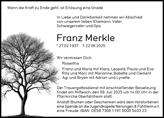 Traueranzeige von Franz Merkle von Günzburger Zeitung