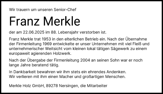 Traueranzeige von Franz Merkle von Neu-Ulmer Zeitung, Günzburger Zeitung