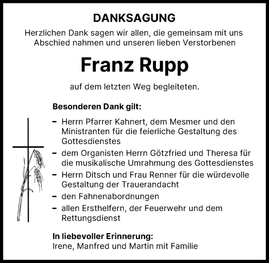 Traueranzeige von Franz Rupp von Landsberger Tagblatt