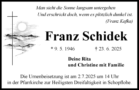 Traueranzeige von Franz Schidek von Rieser Nachrichten