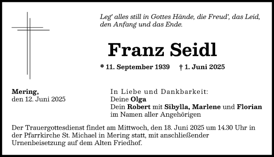 Traueranzeige von Franz Seidl von Friedberger Allgemeine
