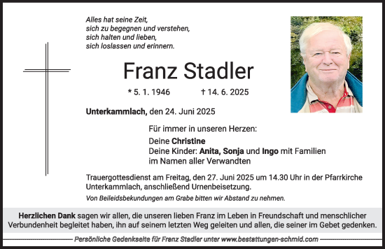 Traueranzeige von Franz Stadler von Mindelheimer Zeitung
