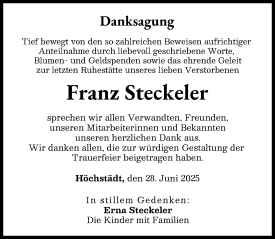 Traueranzeige von Franz Steckeler von Donau Zeitung