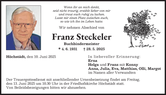 Traueranzeige von Franz Steckeler von Donau Zeitung