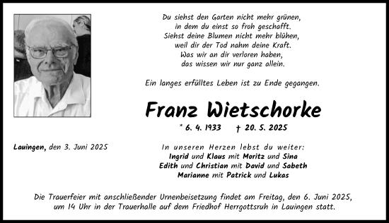 Traueranzeige von Franz Wietschorke von Donau Zeitung
