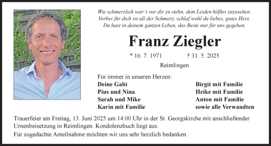 Traueranzeige von Franz Ziegler von Rieser Nachrichten