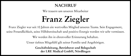 Traueranzeige von Franz Ziegler von Rieser Nachrichten