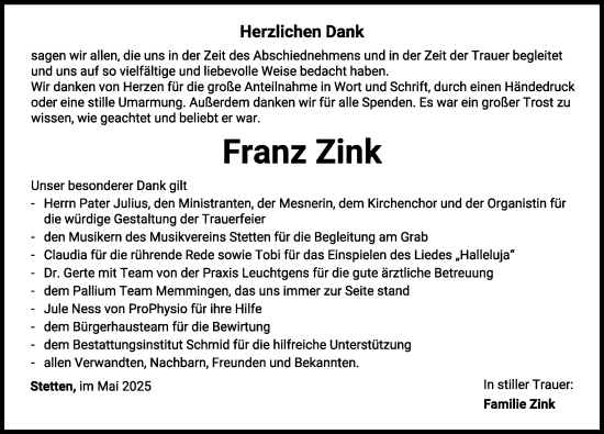 Traueranzeige von Franz Zink von Mindelheimer Zeitung