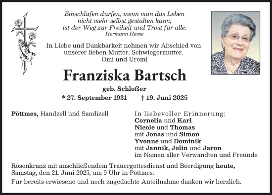 Traueranzeige von Franziska Bartsch von Aichacher Nachrichten