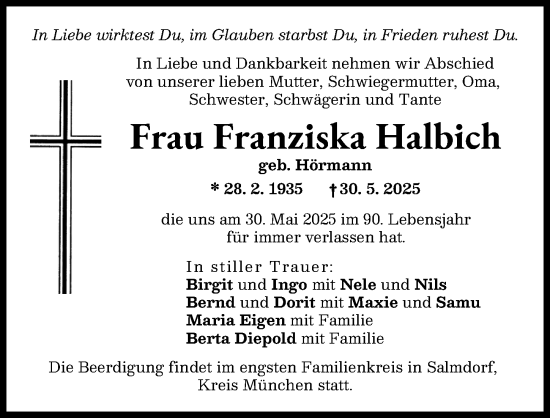 Traueranzeige von Franziska Halbich von Neuburger Rundschau
