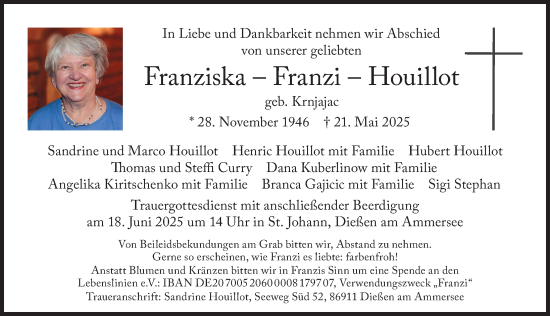 Traueranzeige von Franziska Houillot von Ammersee Kurier