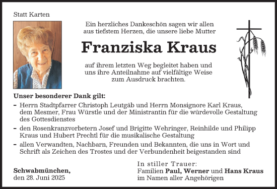 Traueranzeige von Franziska Kraus von Schwabmünchner Allgemeine