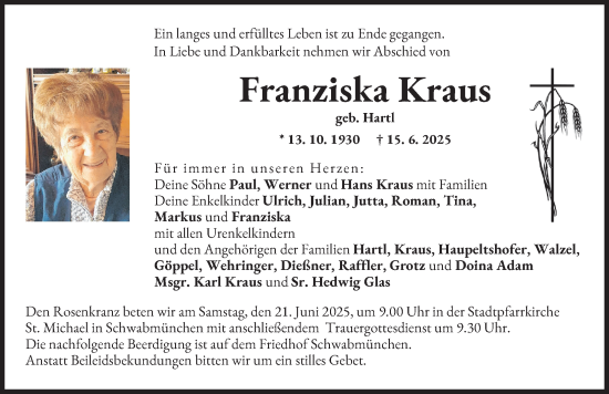Traueranzeige von Franziska Kraus von Schwabmünchner Allgemeine