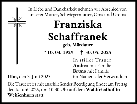 Traueranzeige von Franziska Schaffranek von Neu-Ulmer Zeitung, Augsburger Allgemeine