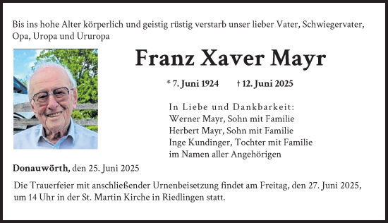 Traueranzeige von Franz Xaver Mayr von Donauwörther Zeitung