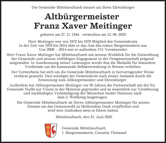 Traueranzeige von Franz Xaver Meitinger von Mindelheimer Zeitung, Schwabmünchner Allgemeine