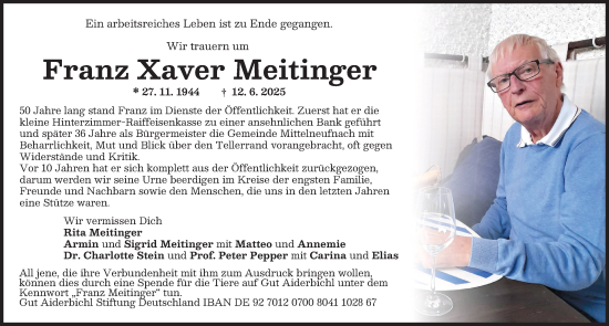 Traueranzeige von Franz Xaver Meitinger von Mindelheimer Zeitung, Schwabmünchner Allgemeine