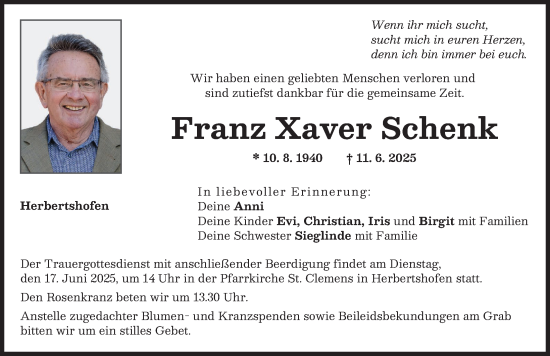 Traueranzeige von Franz Xaver Schenk von Augsburg-Land