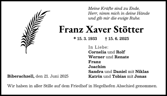Traueranzeige von Franz Xaver Stötter von Neu-Ulmer Zeitung