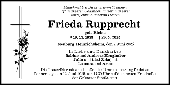 Traueranzeige von Frieda Rupprecht von Neuburger Rundschau