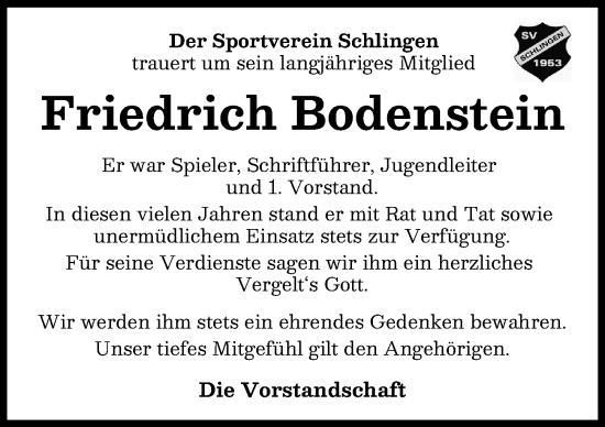 Traueranzeige von Friedrich Bodenstein von Mindelheimer Zeitung