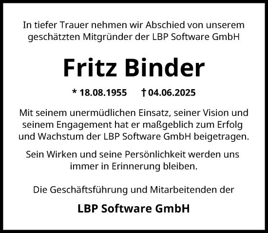 Traueranzeige von Fritz Binder von Günzburger Zeitung, Neu-Ulmer Zeitung