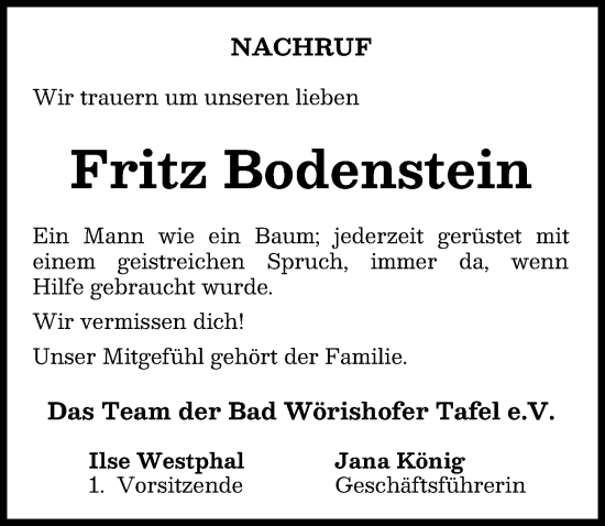Traueranzeige von Fritz Bodenstein von Mindelheimer Zeitung