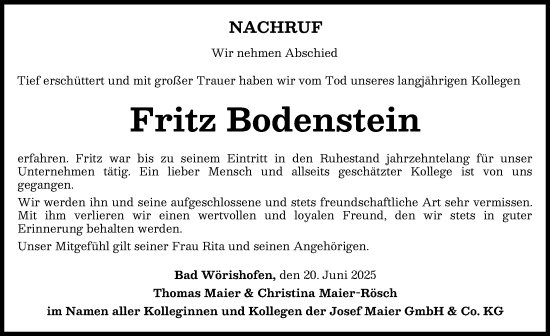 Traueranzeige von Fritz Bodenstein von Mindelheimer Zeitung