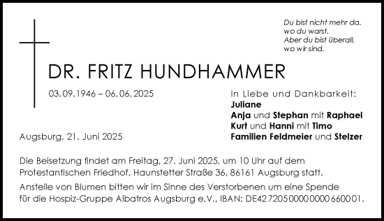 Traueranzeige von Fritz Hundhammer von Augsburger Allgemeine, Donauwörther Zeitung