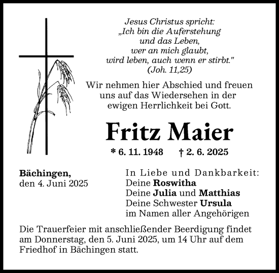 Traueranzeige von Fritz Maier von Donau Zeitung