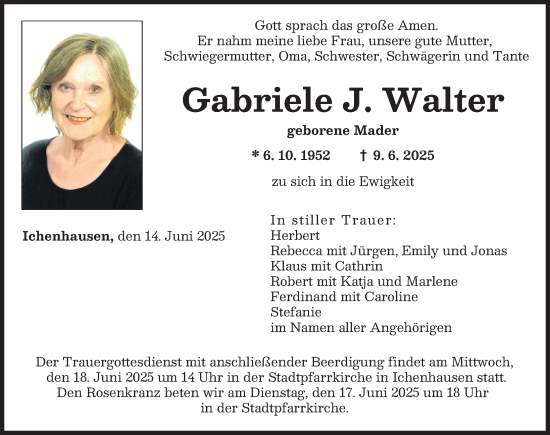 Traueranzeige von Gabriele J. Walter von Günzburger Zeitung