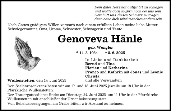 Traueranzeige von Genoveva Hänle von Neu-Ulmer Zeitung
