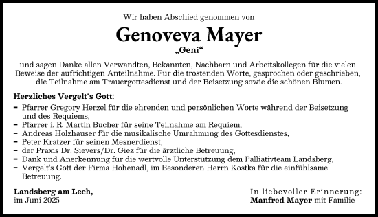 Traueranzeige von Genoveva Mayer von Landsberger Tagblatt