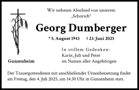 Traueranzeige von Georg Dumberger von Donauwörther Zeitung
