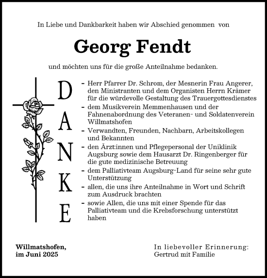 Traueranzeige von Georg Fendt von Mittelschwäbische Nachrichten, Augsburger Allgemeine