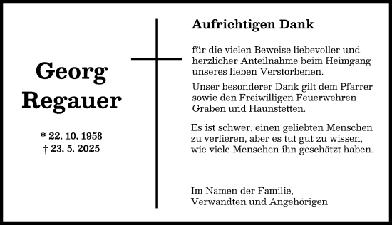 Traueranzeige von Georg Regauer von Augsburger Allgemeine
