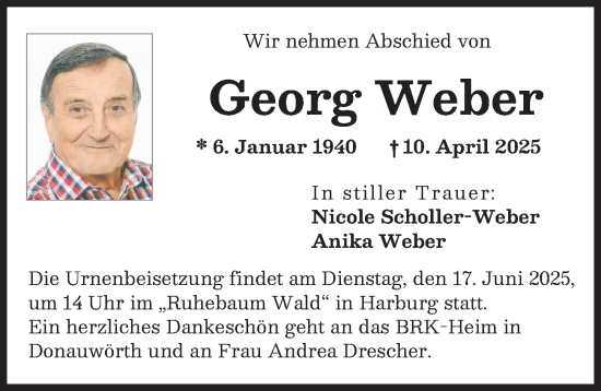 Traueranzeige von Georg Weber von Donauwörther Zeitung