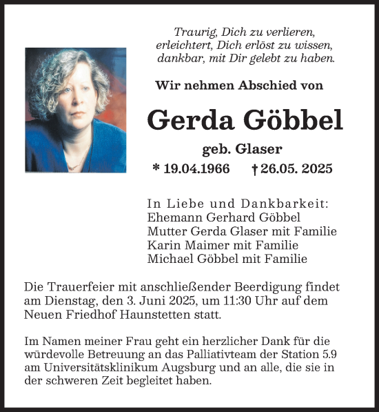 Traueranzeige von Gerda Göbbel von Augsburger Allgemeine