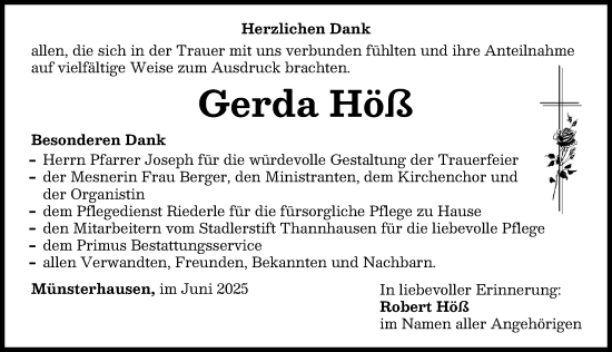 Traueranzeige von Gerda Höß von Mittelschwäbische Nachrichten