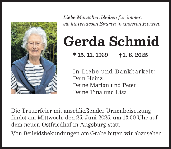 Traueranzeige von Gerda Schmid von Augsburger Allgemeine