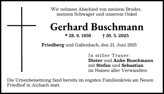 Traueranzeige von Gerhard Buschmann von Friedberger Allgemeine