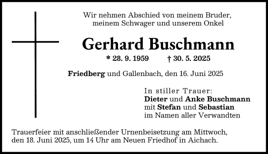 Traueranzeige von Gerhard Buschmann von Aichacher Nachrichten