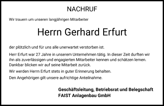 Traueranzeige von Gerhard Erfurt von Mittelschwäbische Nachrichten